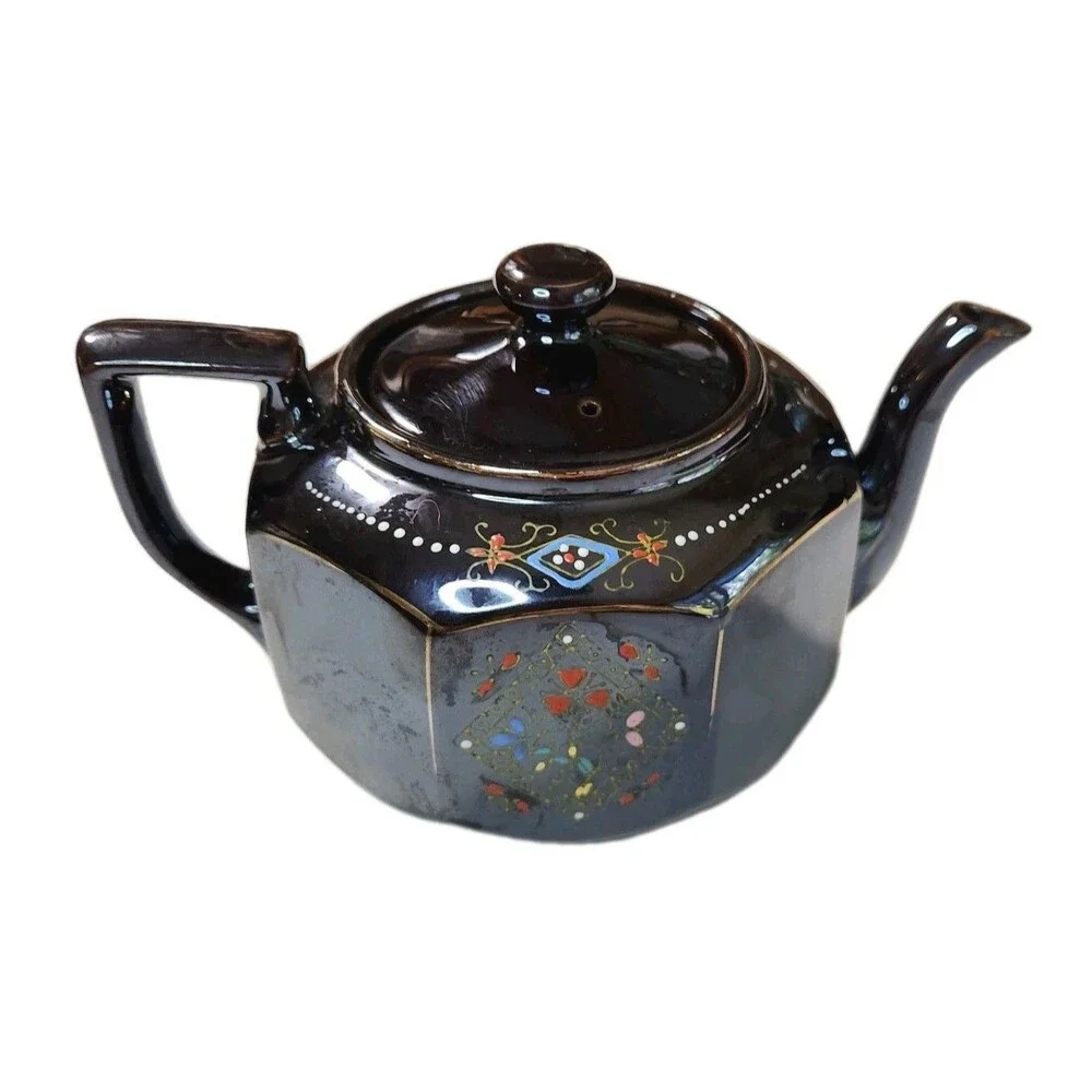 Vintage Japanese Teapot Brown Glazed Gold Trim Hand Painted 8 Sided Ceramic